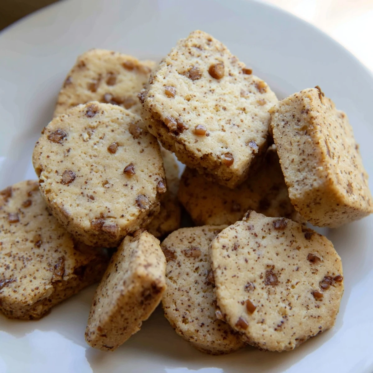 Crispy espresso shortbread cookies studded with sweet toffee bits arranged on a white plate