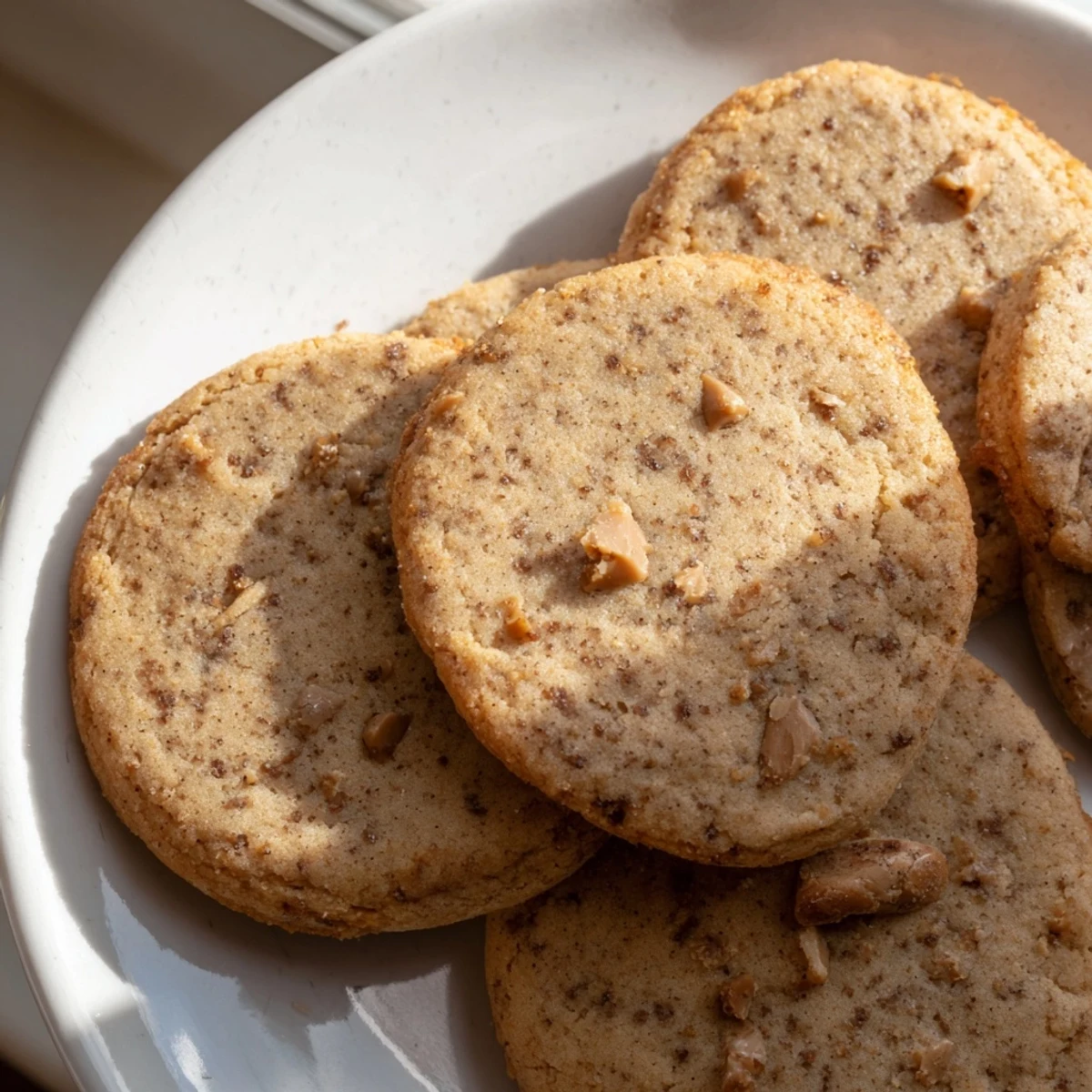 Buttery espresso shortbread cookies flecked with coffee and golden toffee pieces cooling on a wire rack