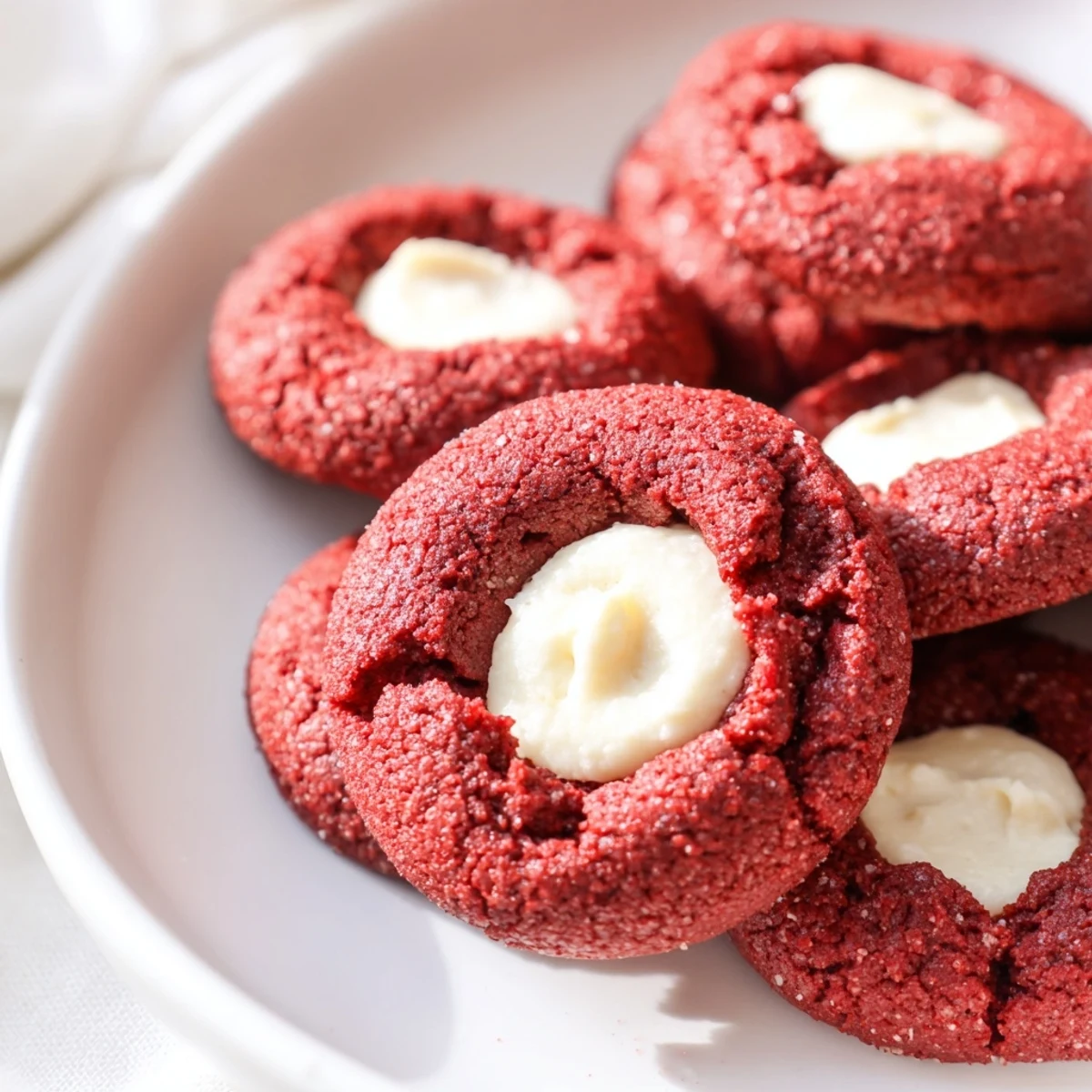 Red velvet thumbprint cookies with creamy cheesecake filling on a parchment-lined baking sheet