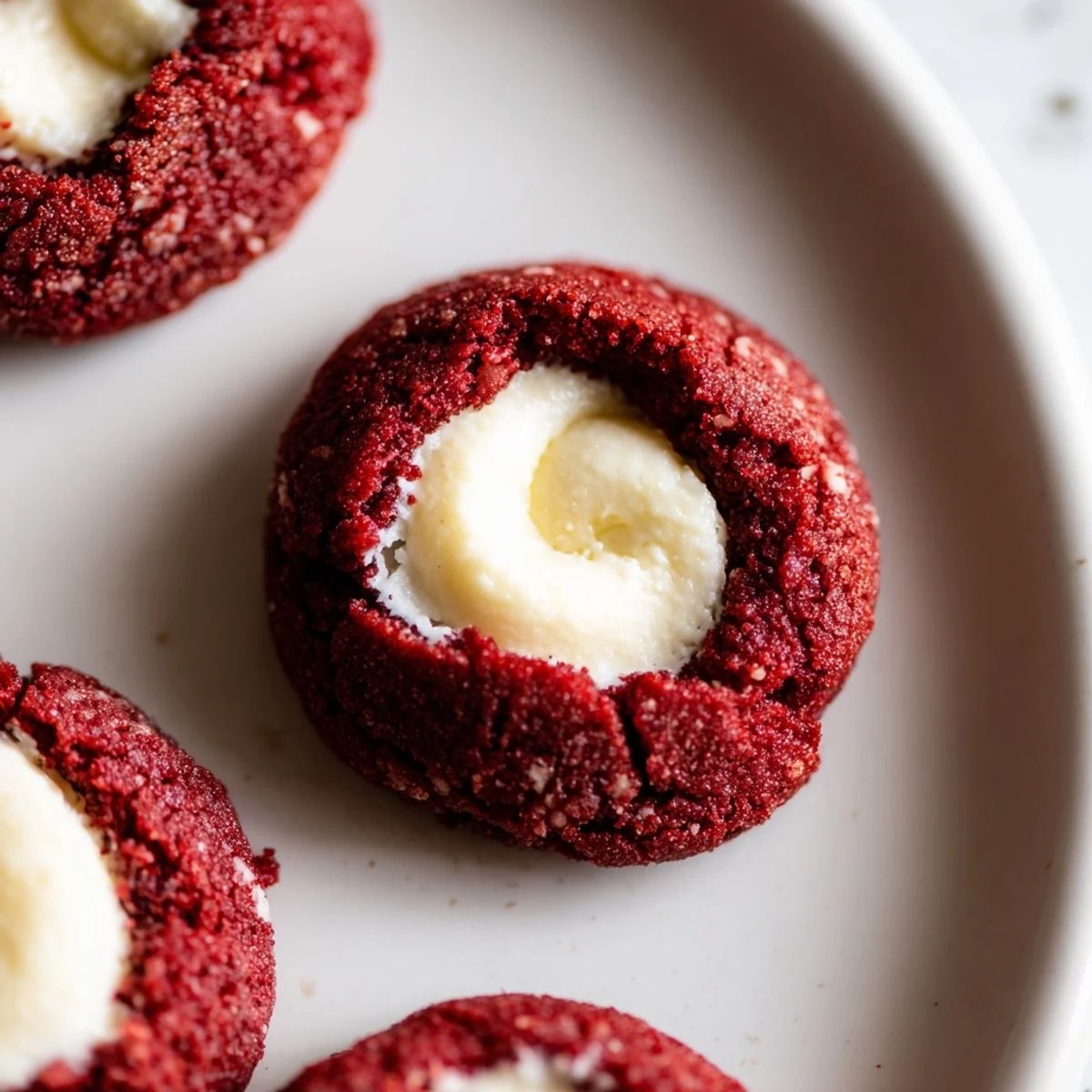 Glossy red velvet thumbprint cookies featuring rich cocoa dough and tangy cheesecake centers