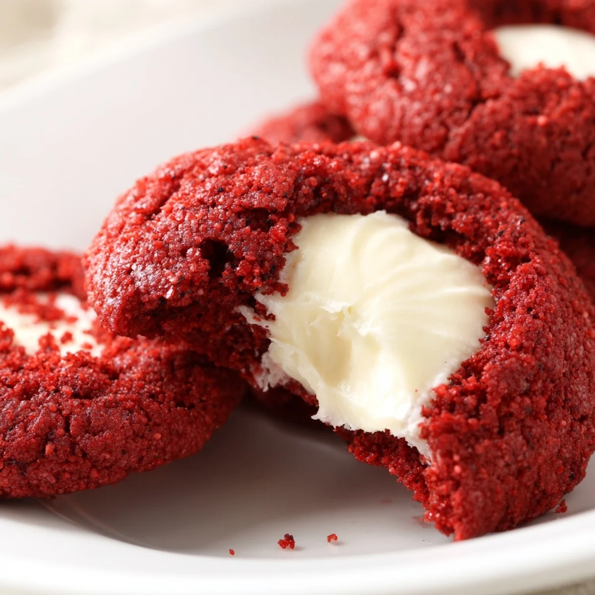 Bright red velvet thumbprint cookies crowned with swirls of smooth vanilla cream cheese