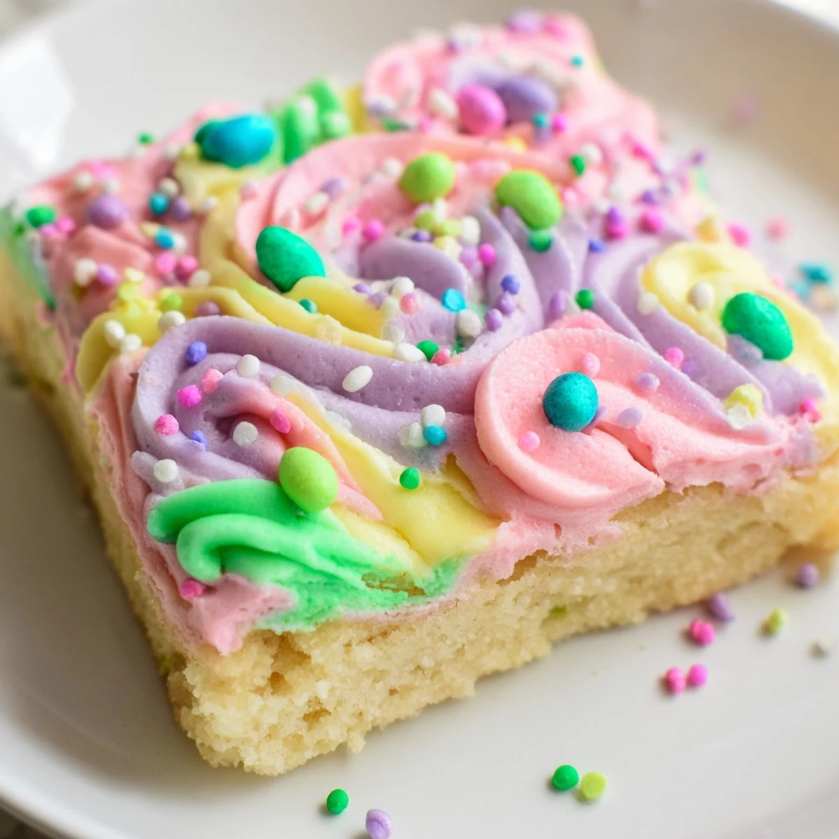 Soft Easter sugar cookie bars with swirled pastel frosting and colorful sprinkles on a white plate