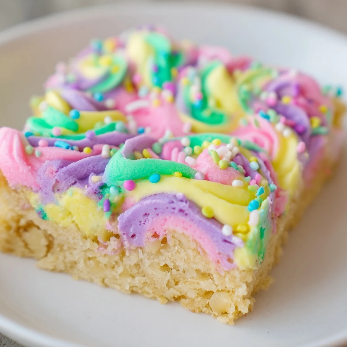 Thick-cut Easter sugar cookie bars topped with creamy pink and yellow buttercream frosting and sprinkles