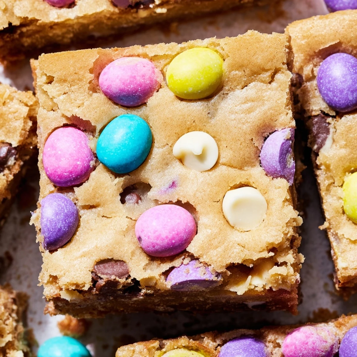 Golden mini Cadbury Easter Egg blondies with colorful candy tops on a rustic wooden cutting board