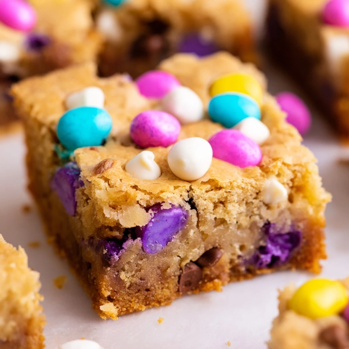 Chewy mini Cadbury Easter Egg blondies studded with melted chocolate chips in a square pan