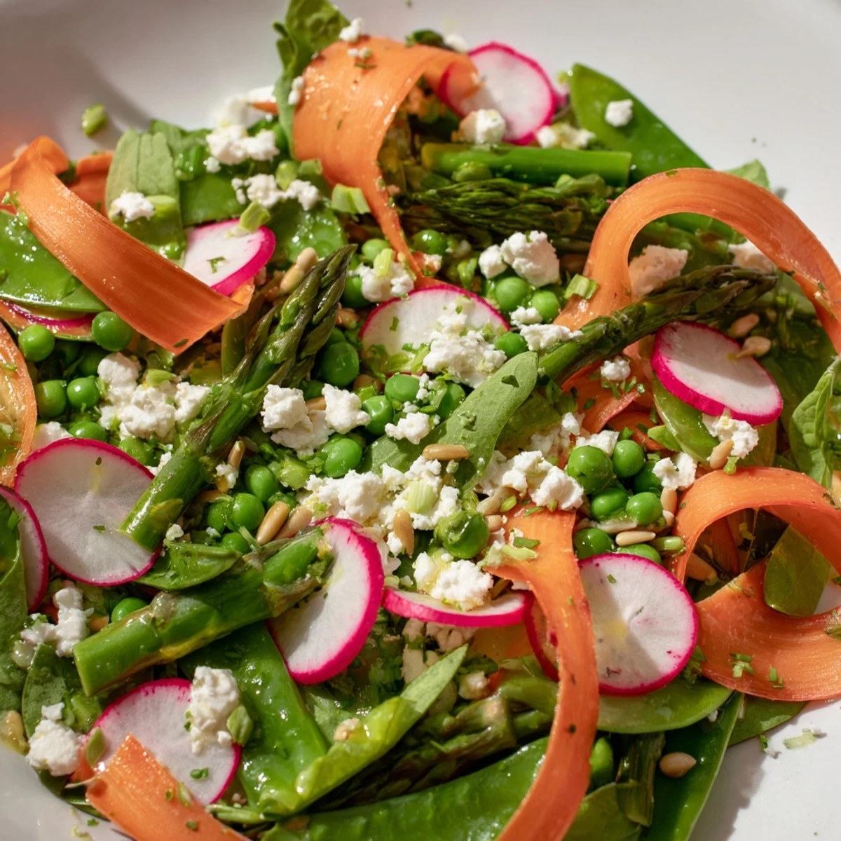 Bright Spring Salad topped with crumbled feta and toasted sunflower seeds on a rustic plate