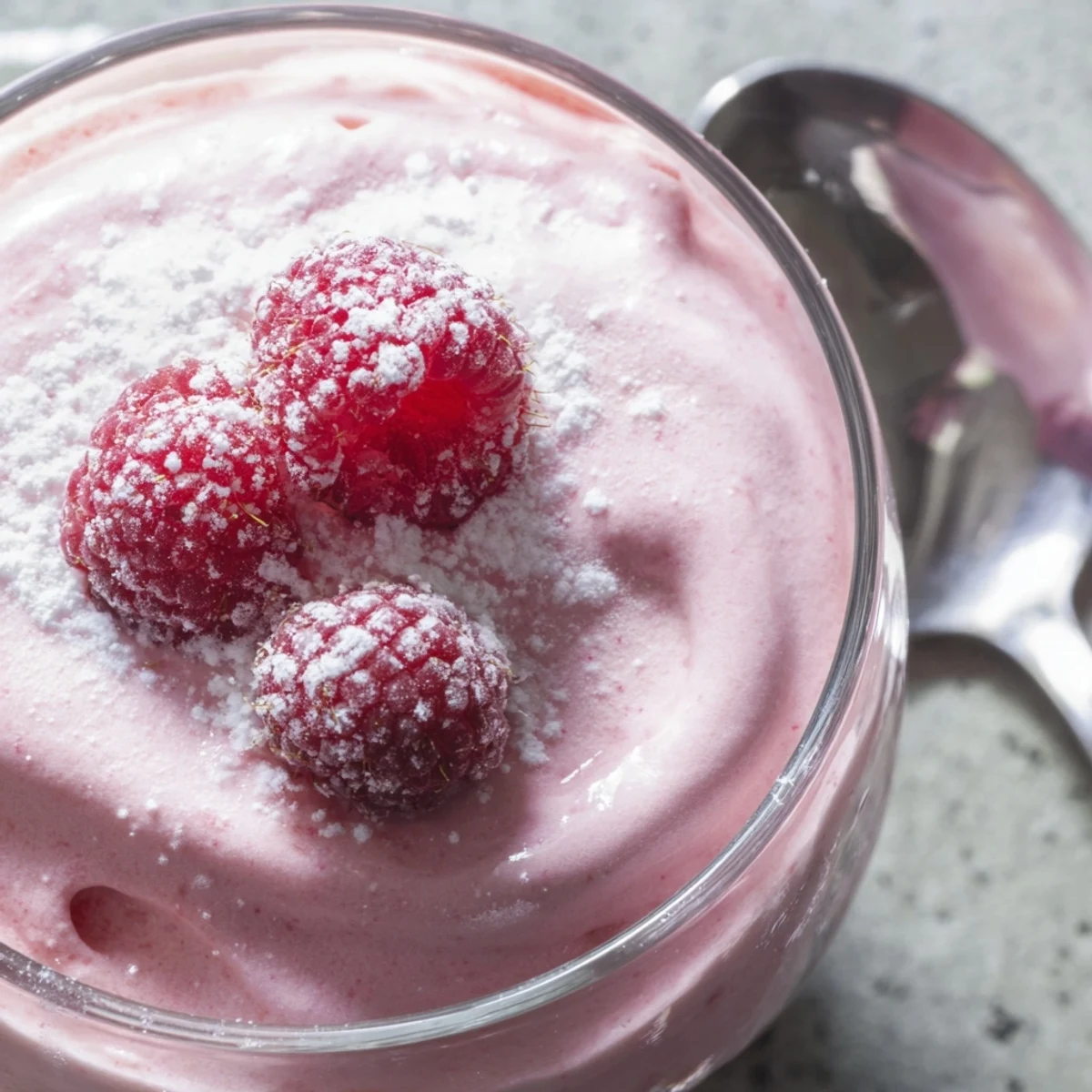 Silky pink Fresh Raspberry Cloud Mousse piped into glasses with whipped cream garnish