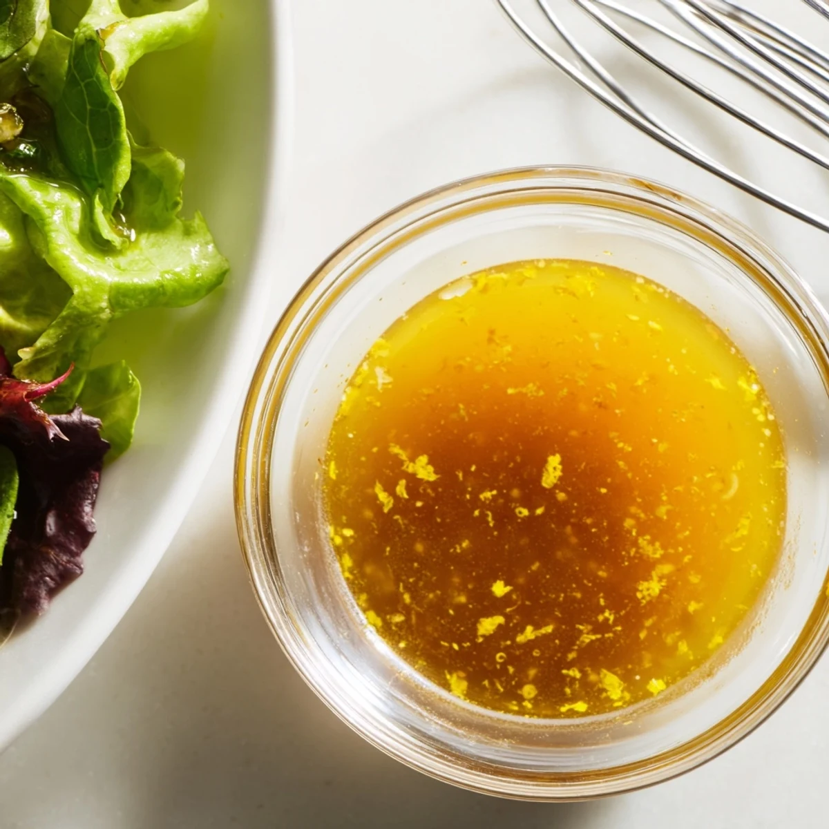 Golden citrus vinaigrette drizzled over crisp mixed greens in a rustic wooden bowl