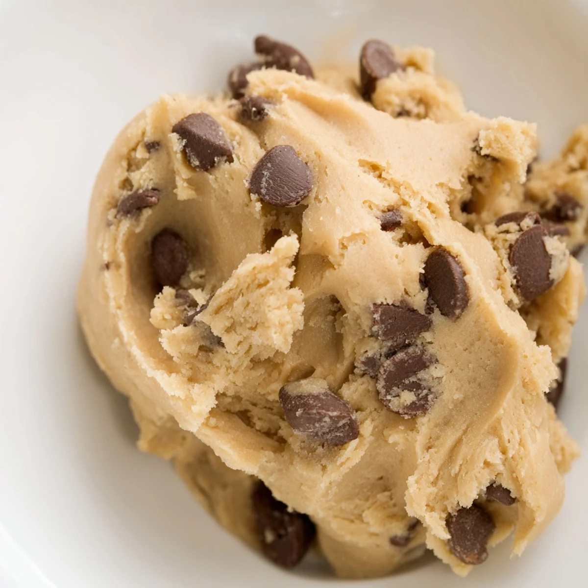 Golden bowl of edible chocolate chip cookie dough topped with scattered chocolate chips