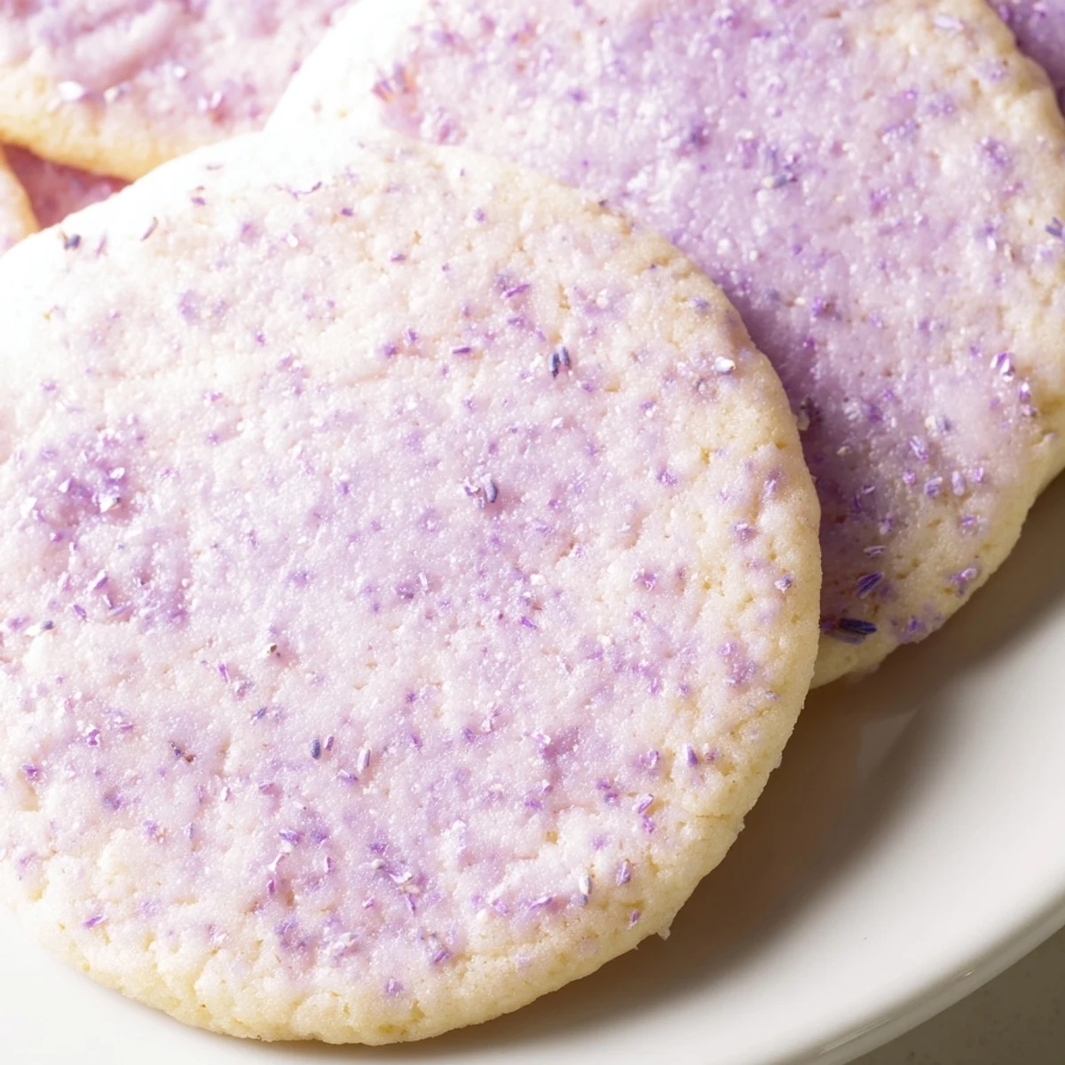 Soft lilac sugar cookies with pale purple flecks arranged on a rustic wooden serving board
