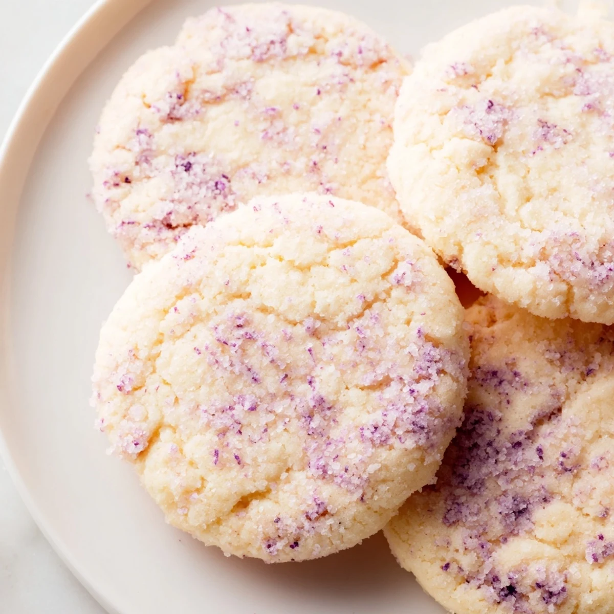 Buttery lilac sugar cookies cooling on a wire rack with delicate golden brown edges