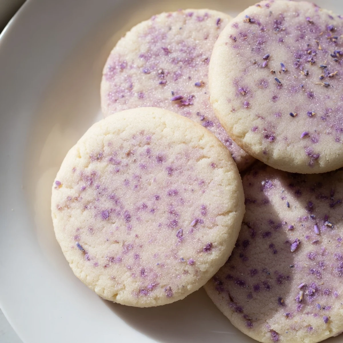 Lilac sugar cookies topped with floral sugar crystals displayed on a white ceramic plate