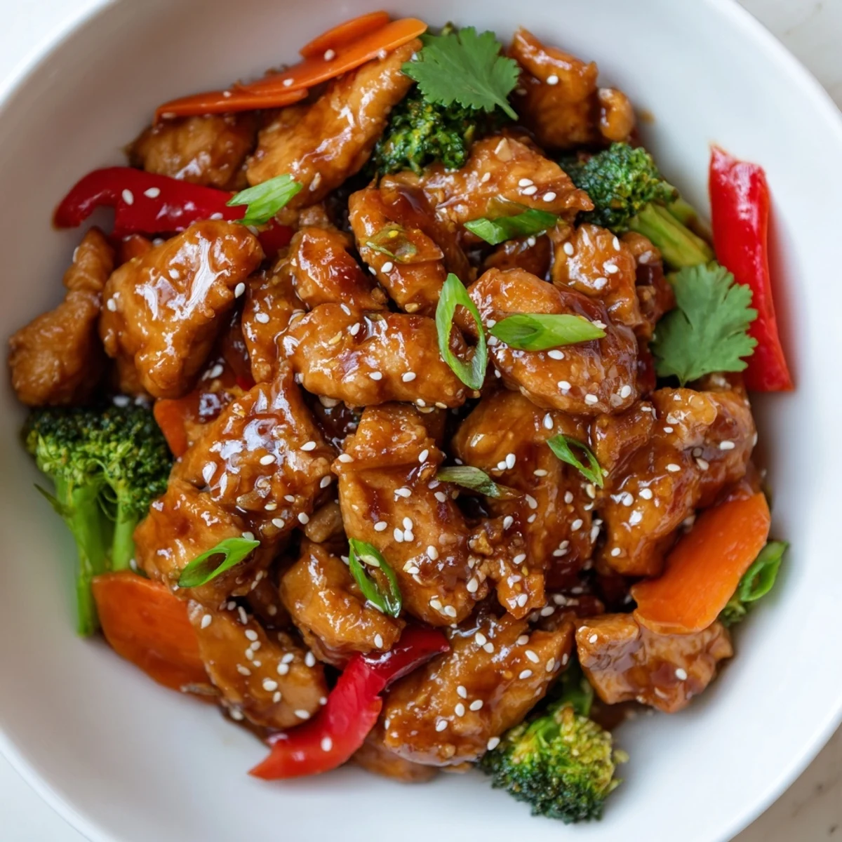 Glossy sesame soy chicken stir fry with colorful crisp vegetables in a black wok