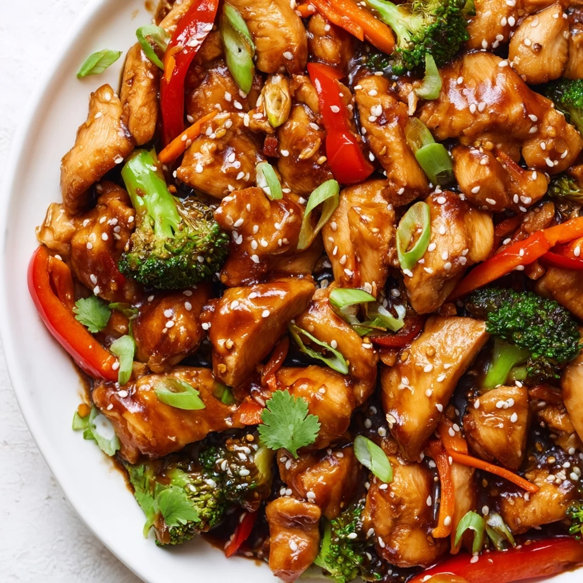Tender sesame soy chicken stir fry topped with sesame seeds and fresh scallions