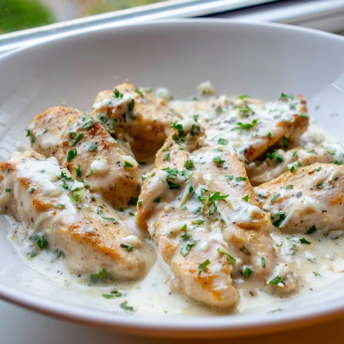 Golden seared creamy garlic chicken in rich white Parmesan sauce with fresh parsley garnish