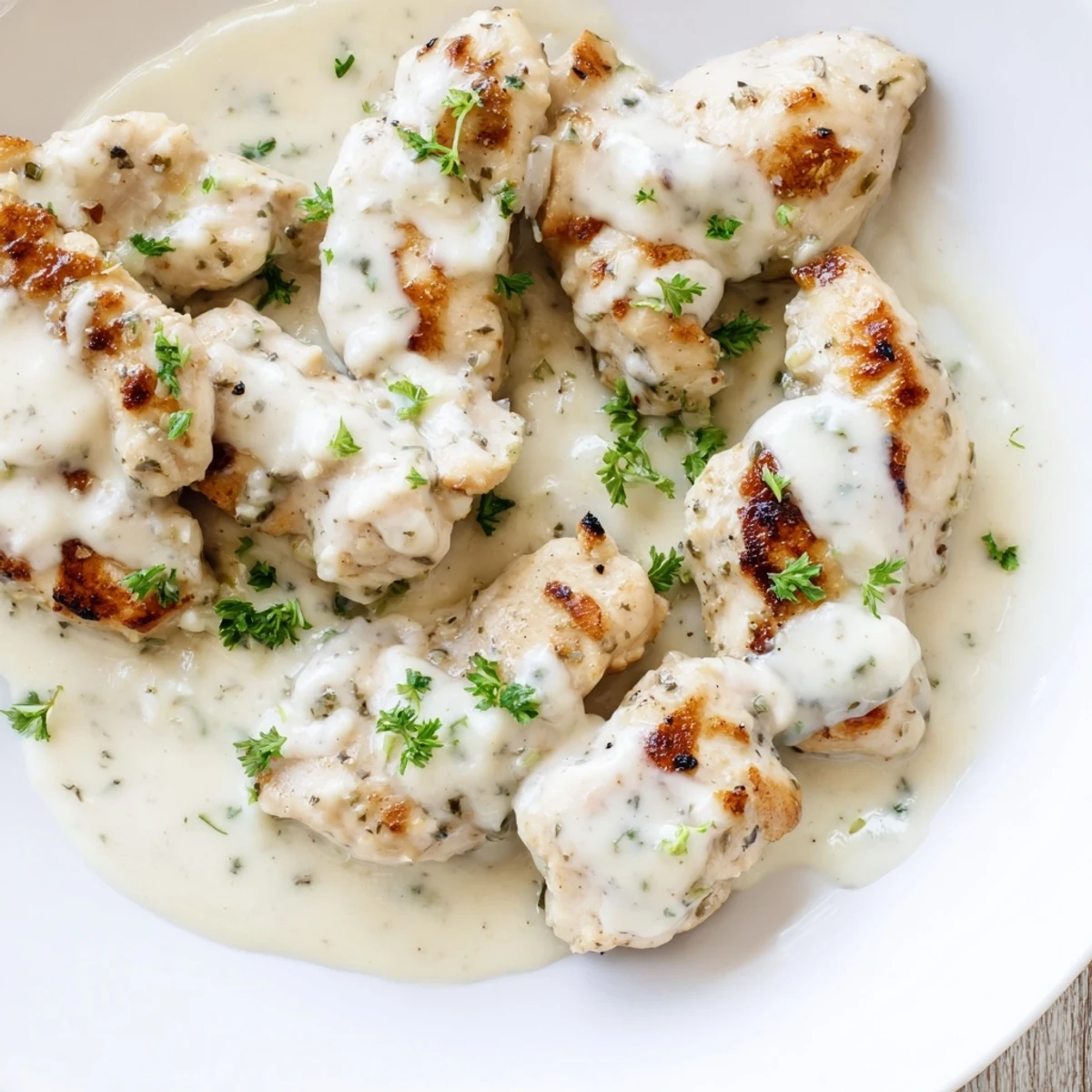 Tender creamy garlic chicken breasts coated in velvety garlic butter sauce on white plate