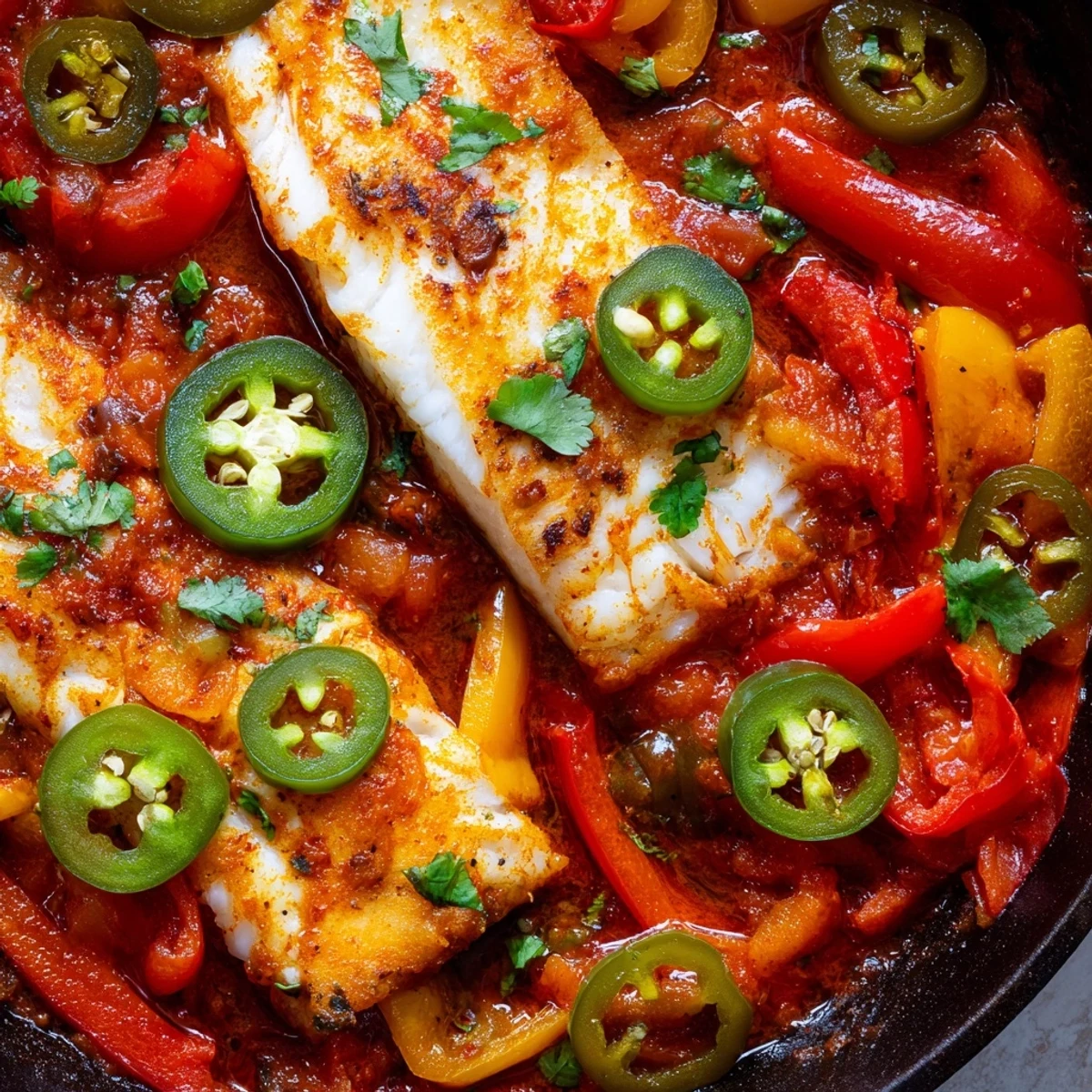 Golden tilapia fillets nestled in vibrant spicy roasted pepper skillet with smoky seasonings