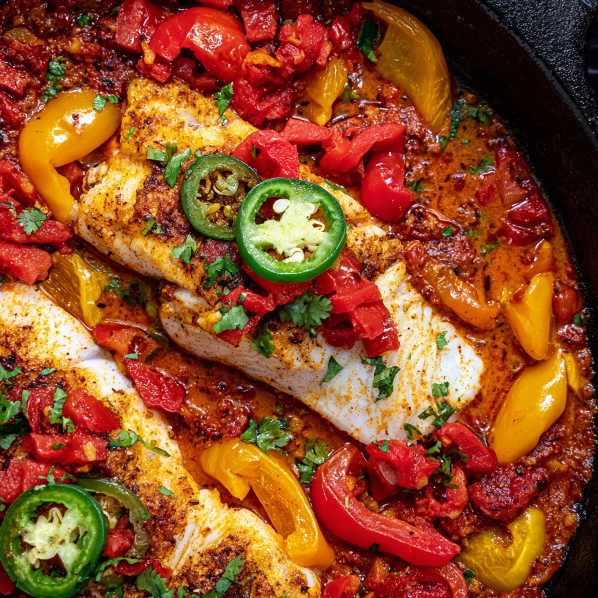 Spicy roasted pepper tilapia skillet glistening with tomato sauce and fresh cilantro garnish