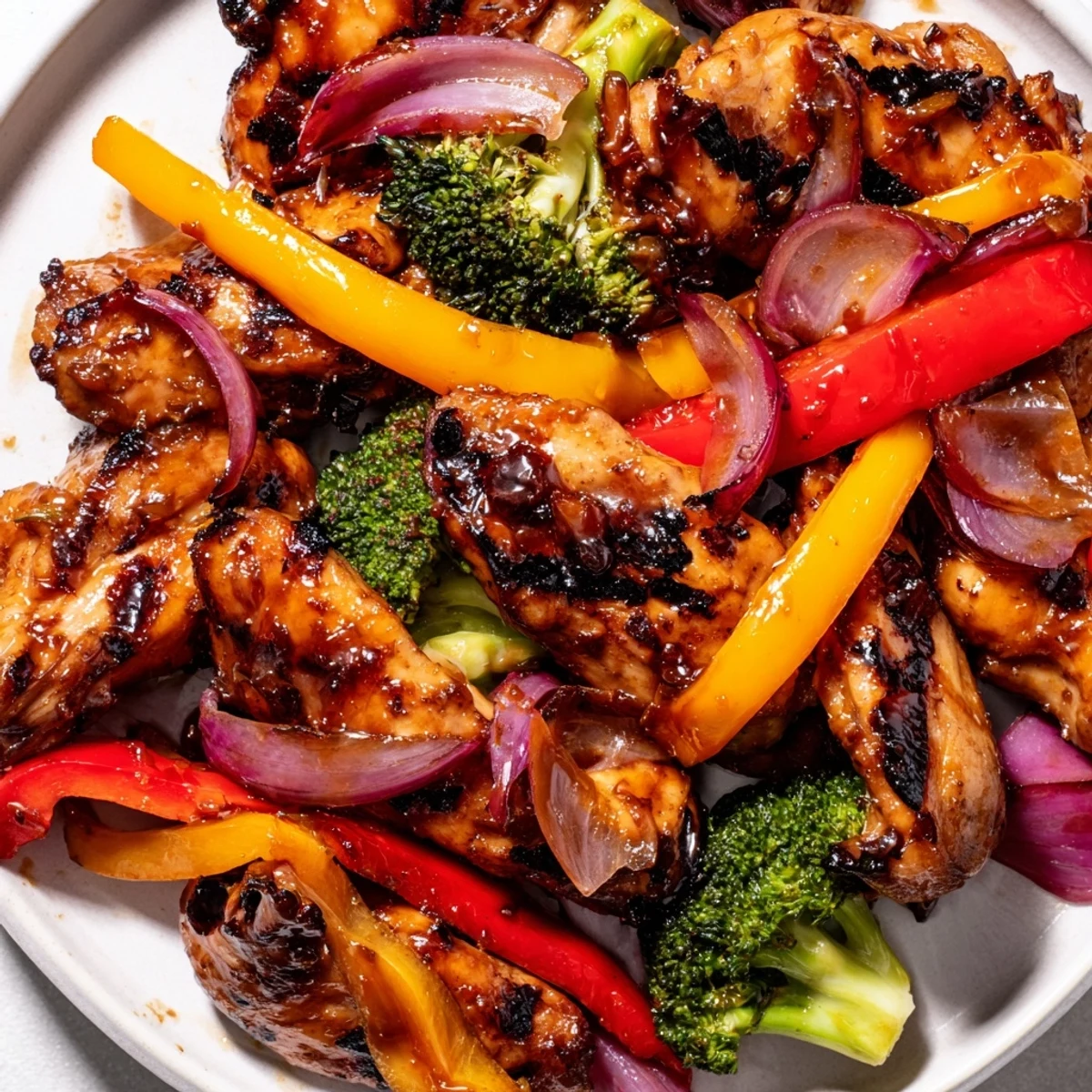 Colorful chicken vegetable stir fry served over fluffy steamed white rice in a bowl