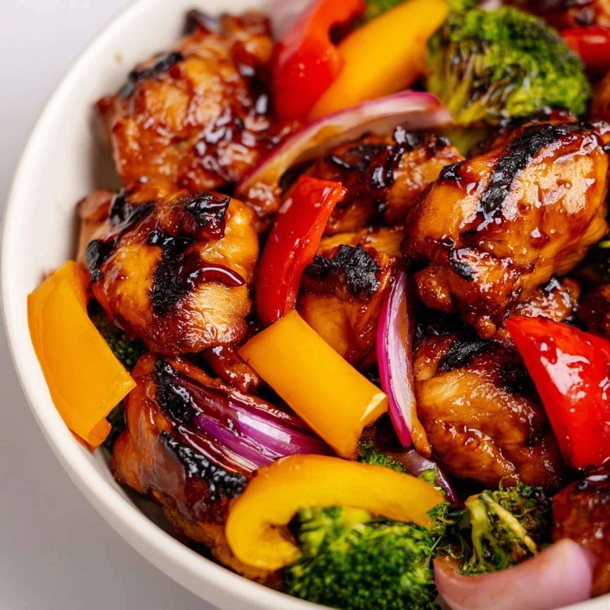 Quick flavorful weeknight meal featuring tender chicken and crisp vegetables in glossy sauce