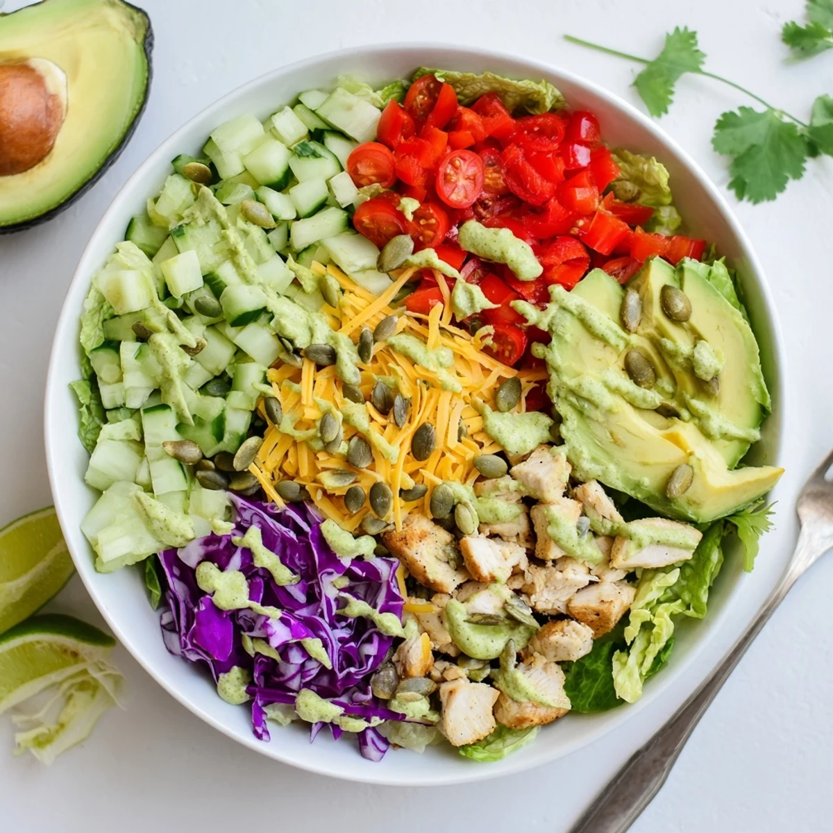 Colorful keto bowls with seasoned chicken and fresh vegetables drizzled in creamy avocado dressing