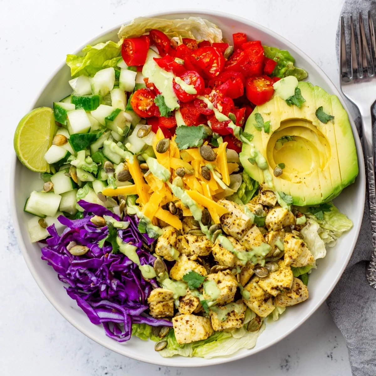 Keto bowls featuring crisp lettuce, bell peppers, and tender paprika-spiced chicken topped with cheese