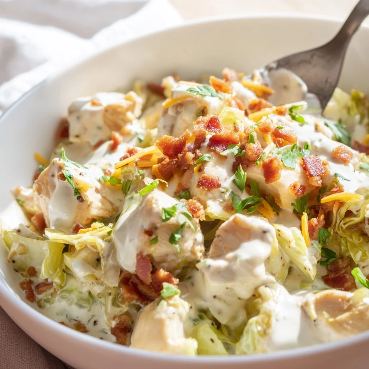 Creamy chicken bacon ranch cabbage bowls topped with melted cheddar and fresh green onions