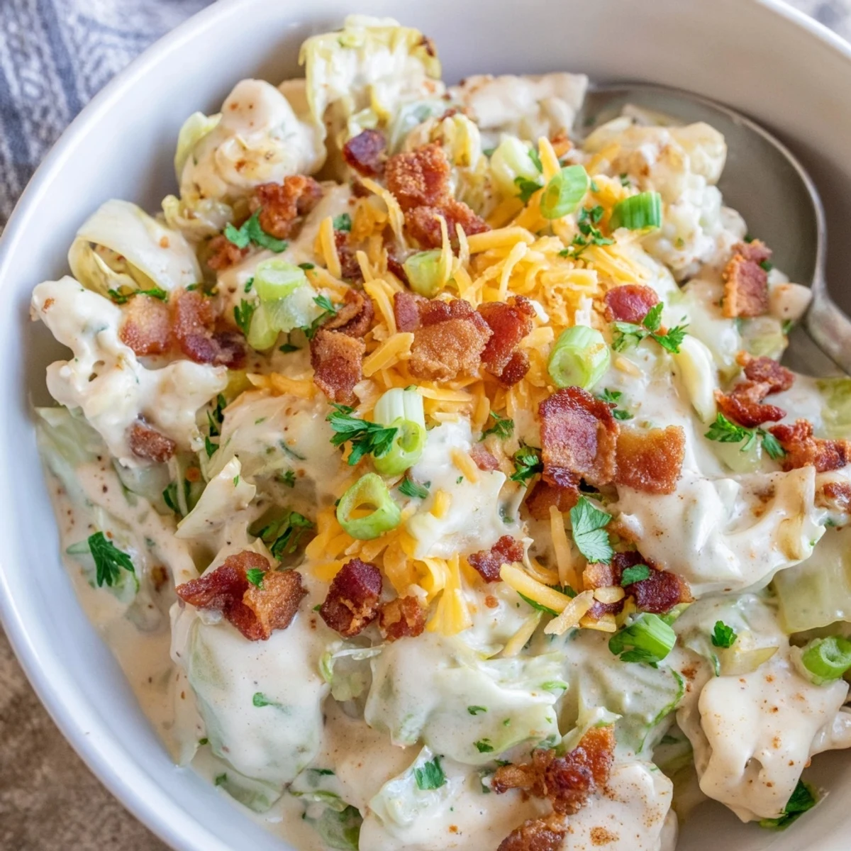 Crispy bacon and tender cabbage tossed in homemade ranch sauce served in rustic bowl
