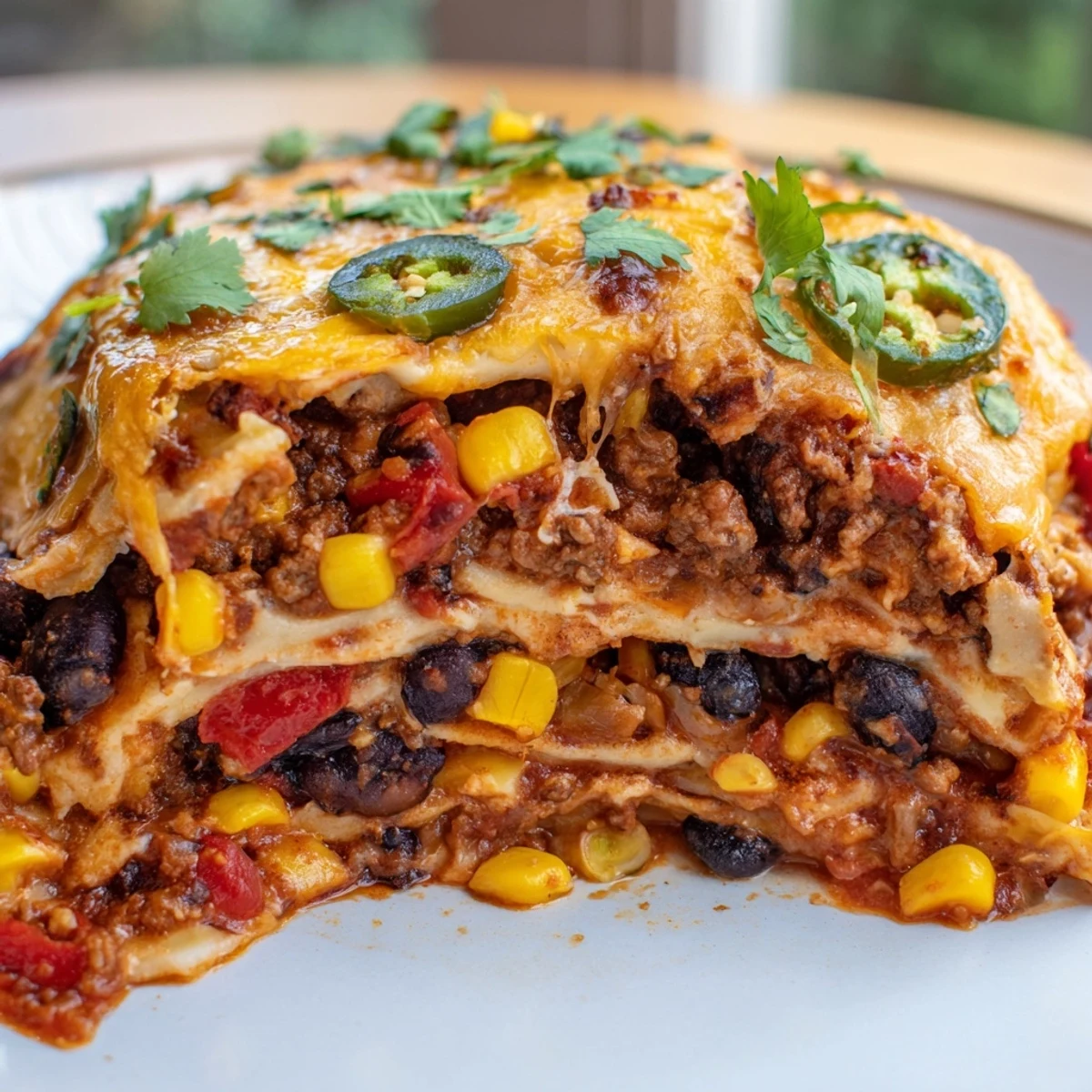 Golden bubbling Mexican lasagna with layers of seasoned beef, beans, and melted cheese in a baking dish