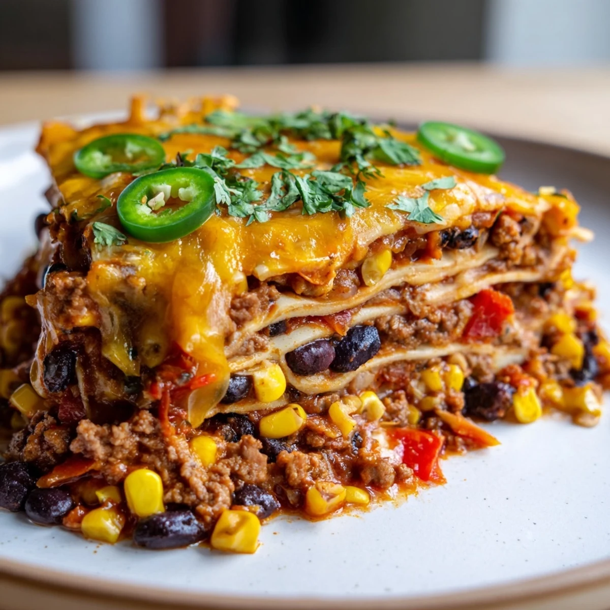 Mexican lasagna fresh from the oven showing tortilla layers, spiced ground beef filling, and gooey cheese