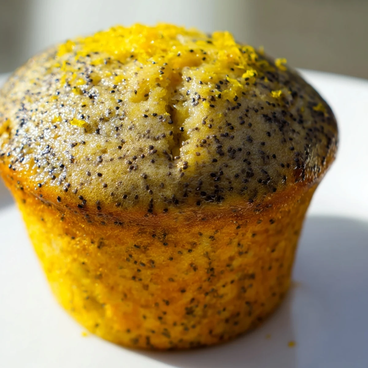 Golden lemon poppy seed muffins with domed tops displayed on a wire cooling rack