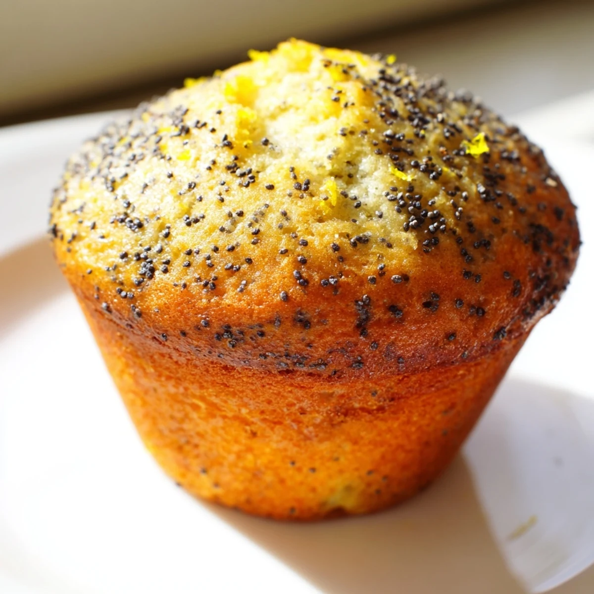 Moist lemon poppy seed muffins speckled with zest served on a rustic plate