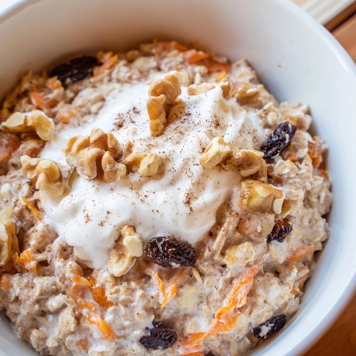 Creamy carrot cake overnight oats in a mason jar topped with crunchy walnuts and a cinnamon sprinkle