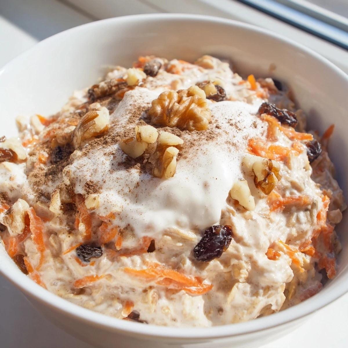 A spoon scoops through thick carrot cake overnight oats layered with raisins and grated carrots