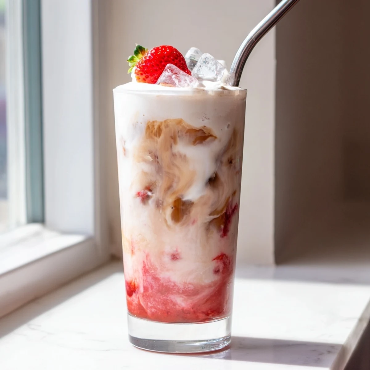 Creamy strawberry cold latte with swirled layers served over ice in tall glass