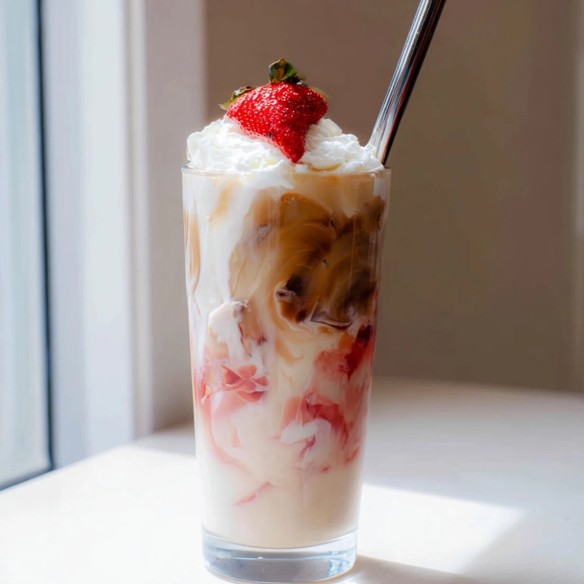 Iced strawberry cream latte topped with fluffy whipped cream and fresh berry garnish