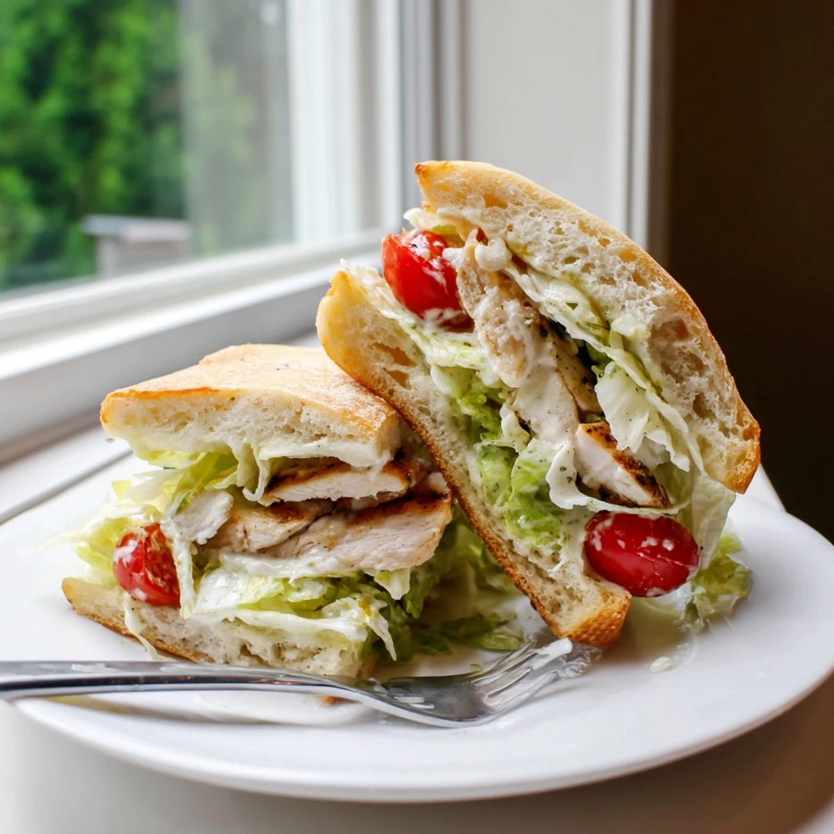 Grilled chicken Caesar sandwich with crisp romaine and creamy dressing on golden toasted ciabatta