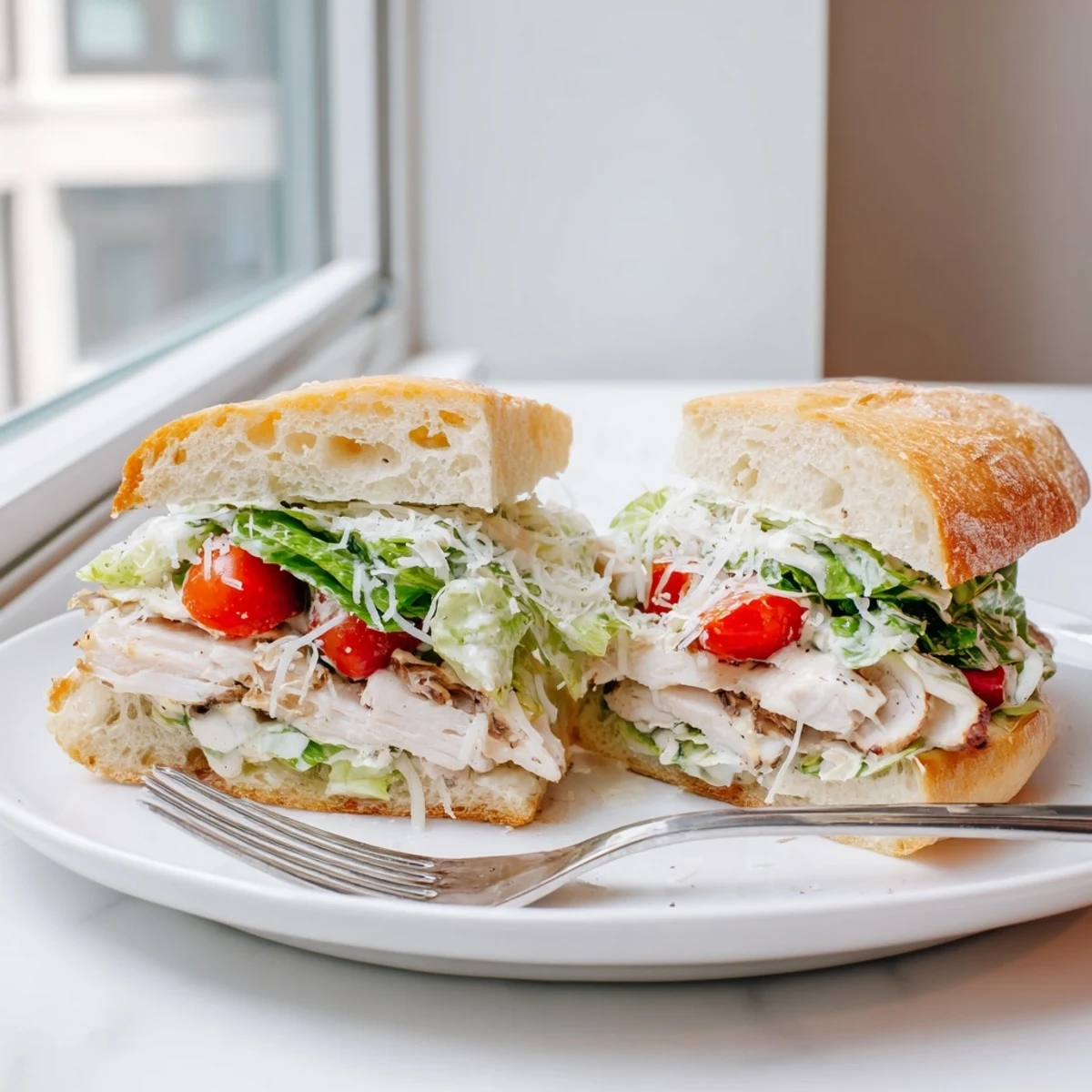 Juicy sliced chicken Caesar sandwich topped with shaved Parmesan and fresh crunchy romaine lettuce