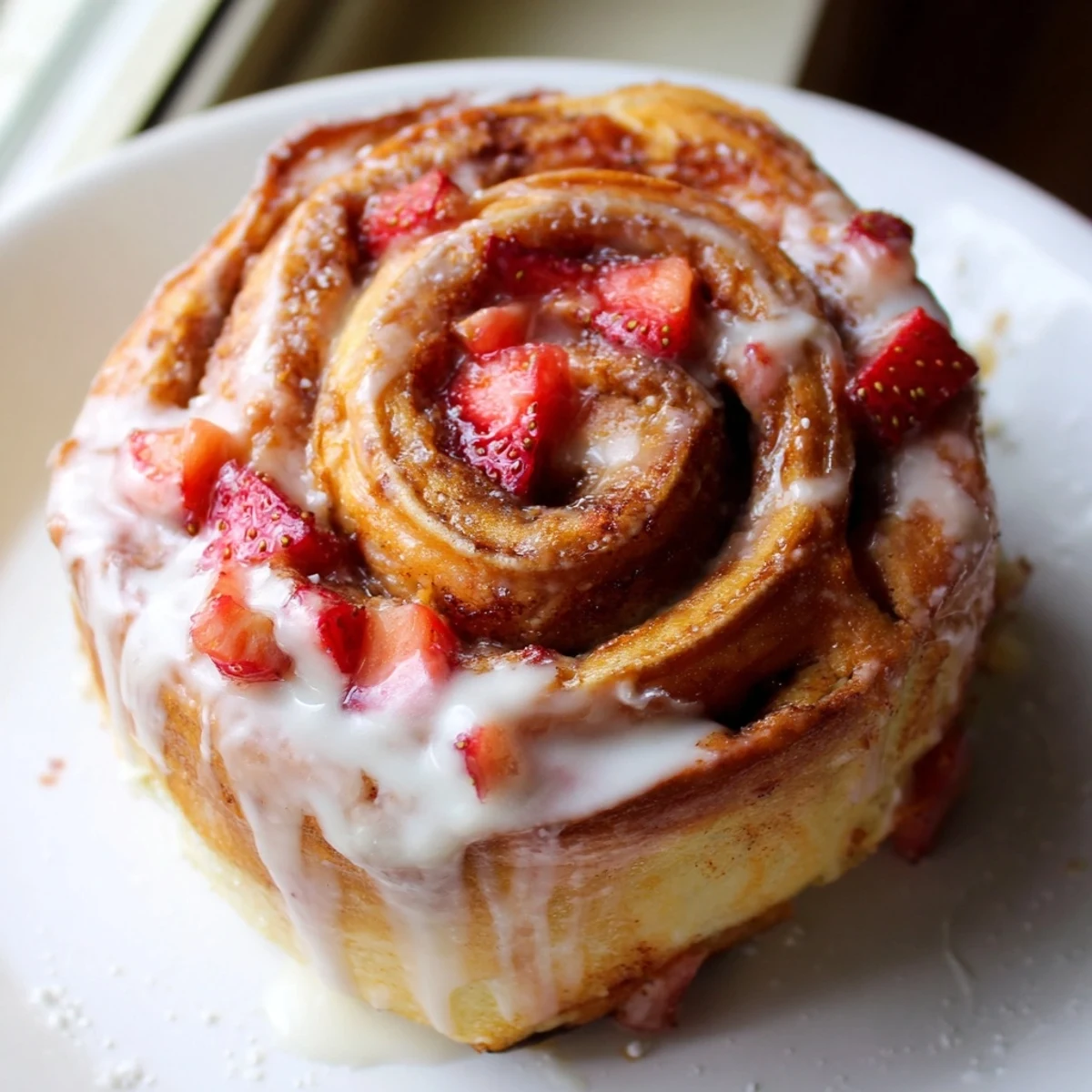Golden strawberry cinnamon rolls dripping with cream cheese glaze on a white plate