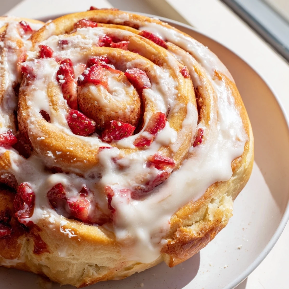Swirled strawberry cinnamon rolls with fresh berry filling and sweet icing drizzling down sides