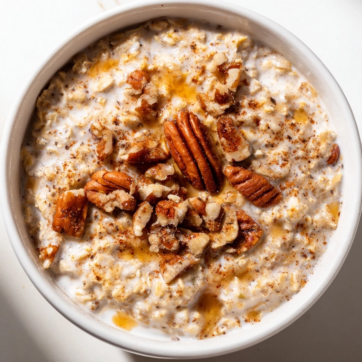 Creamy maple cinnamon pecan overnight oats topped with crunchy nuts in a glass jar