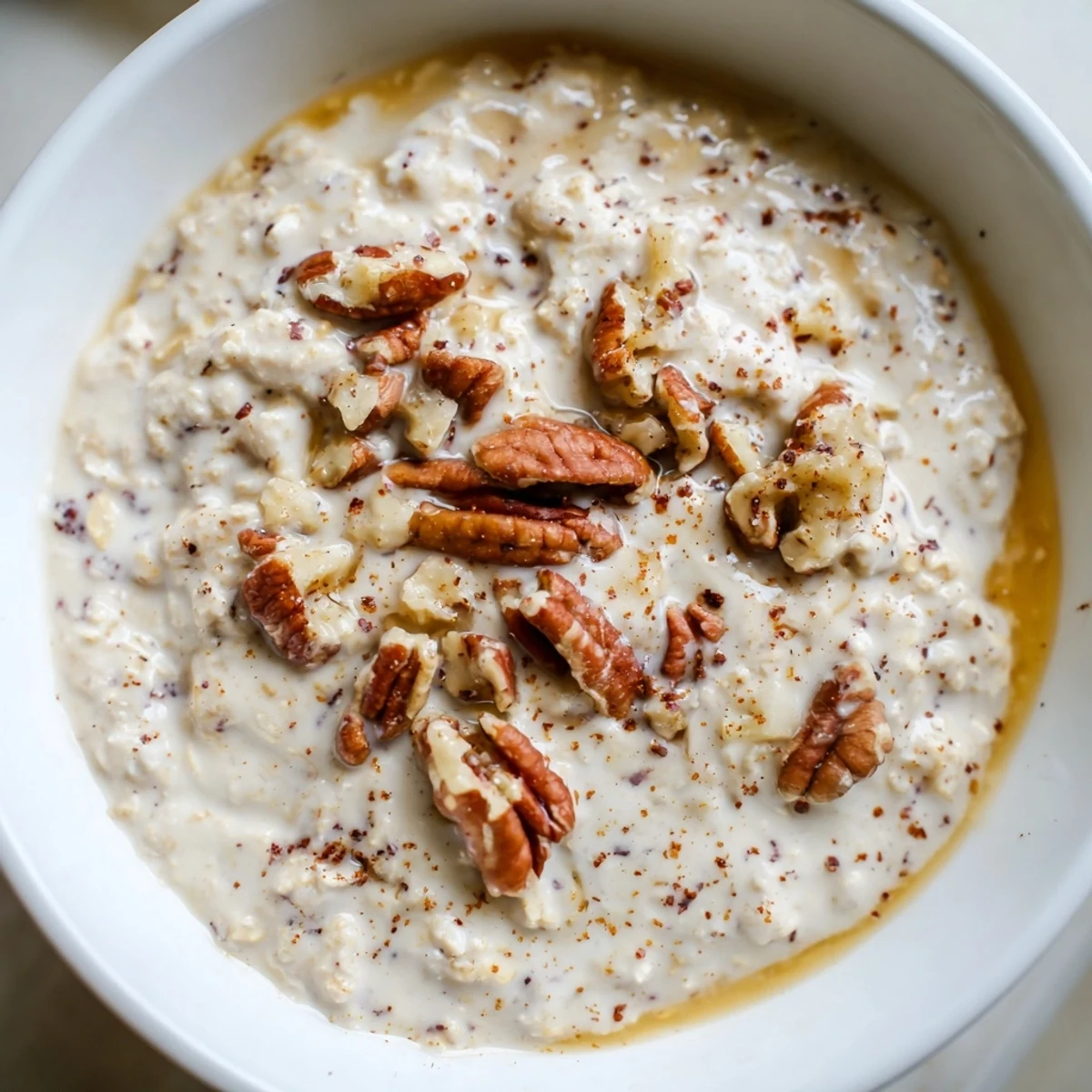 Maple cinnamon pecan overnight oats served in mason jars with a sprinkle of cinnamon