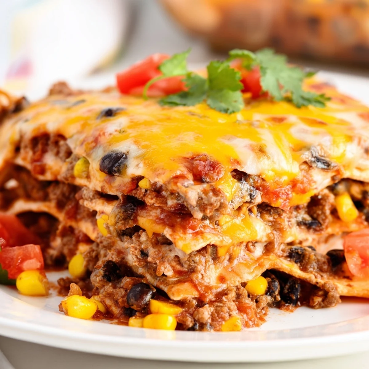 Golden bubbling baked beef enchilada casserole with melted cheese and rich red sauce