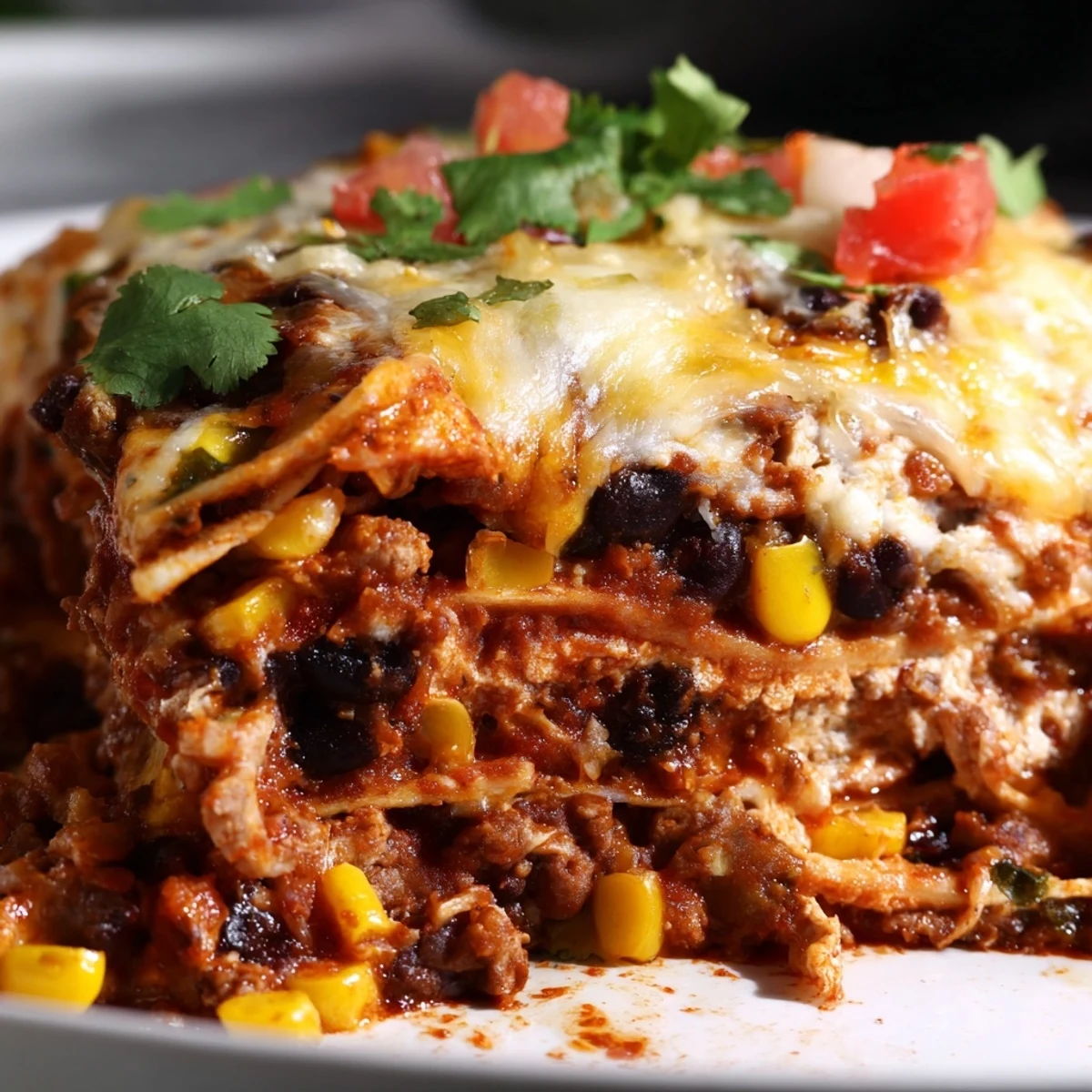 Layered baked beef enchilada casserole topped with gooey cheddar and fresh cilantro garnish