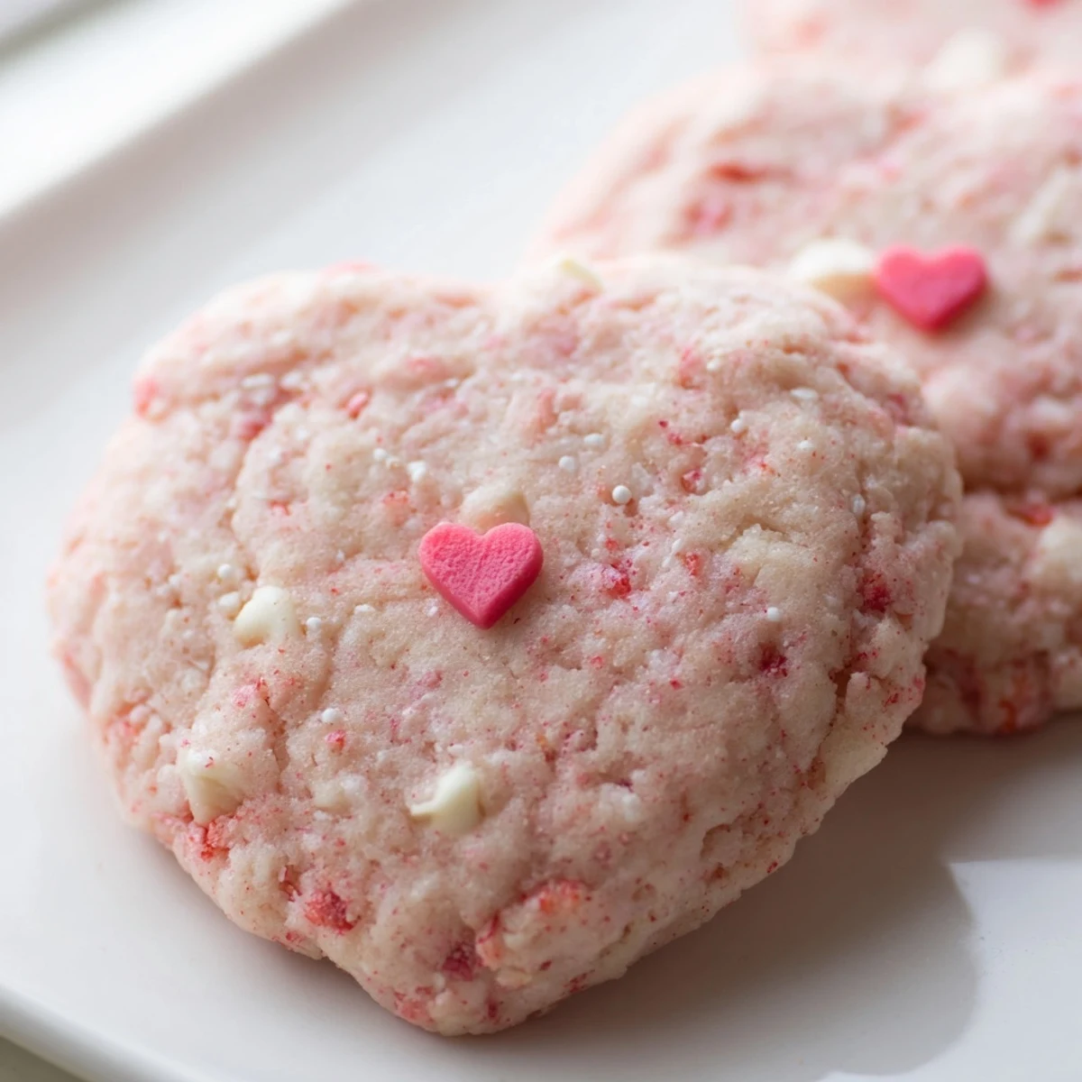 Soft pink Valentine Strawberry Cookies with white chocolate chips on a rustic baking sheet