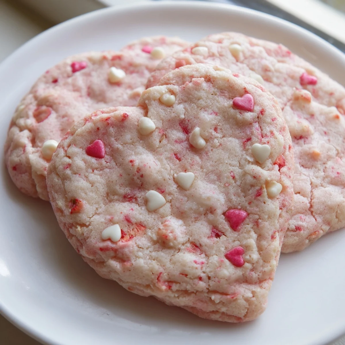 Chewy Valentine Strawberry Cookies studded with creamy white chocolate and fresh strawberry pieces