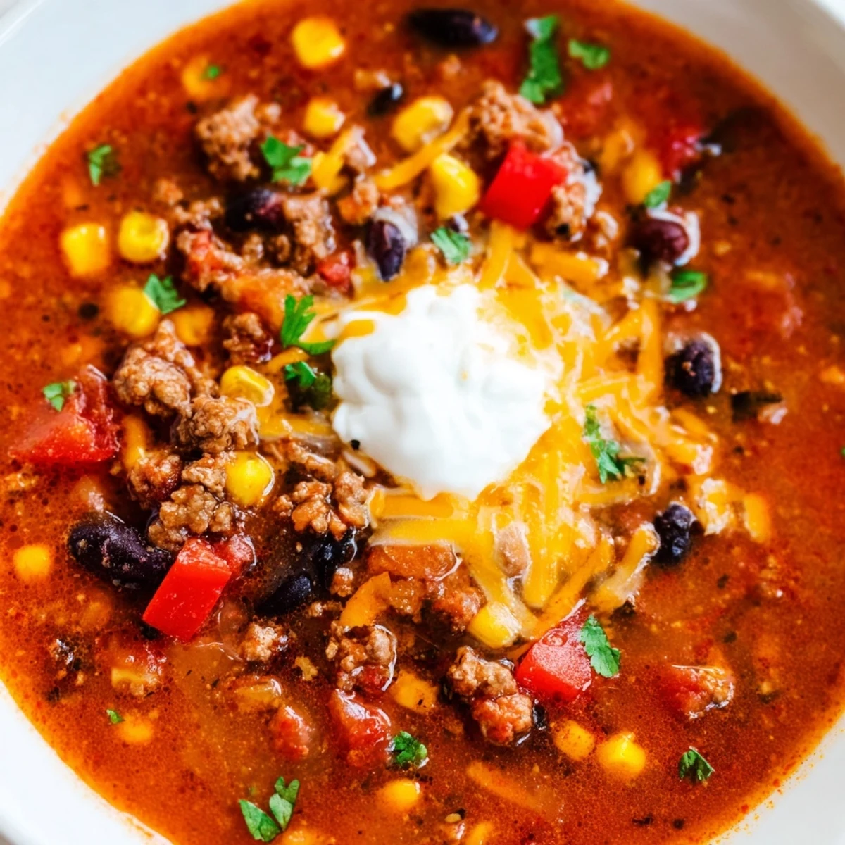 Steaming bowl of Crockpot Ground Beef Taco Soup topped with shredded cheese and cilantro