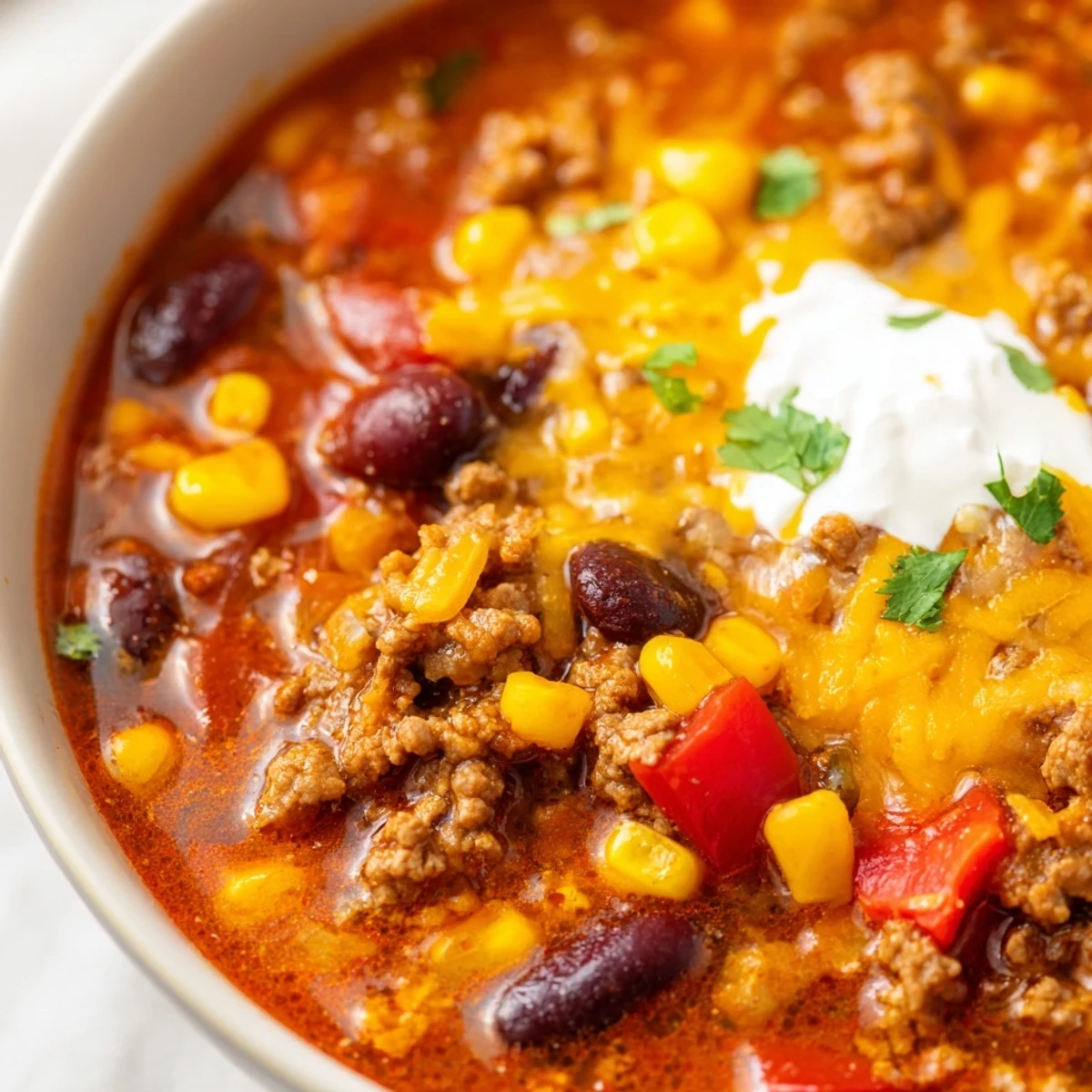 Hearty Crockpot Ground Beef Taco Soup loaded with beans corn and tender beef