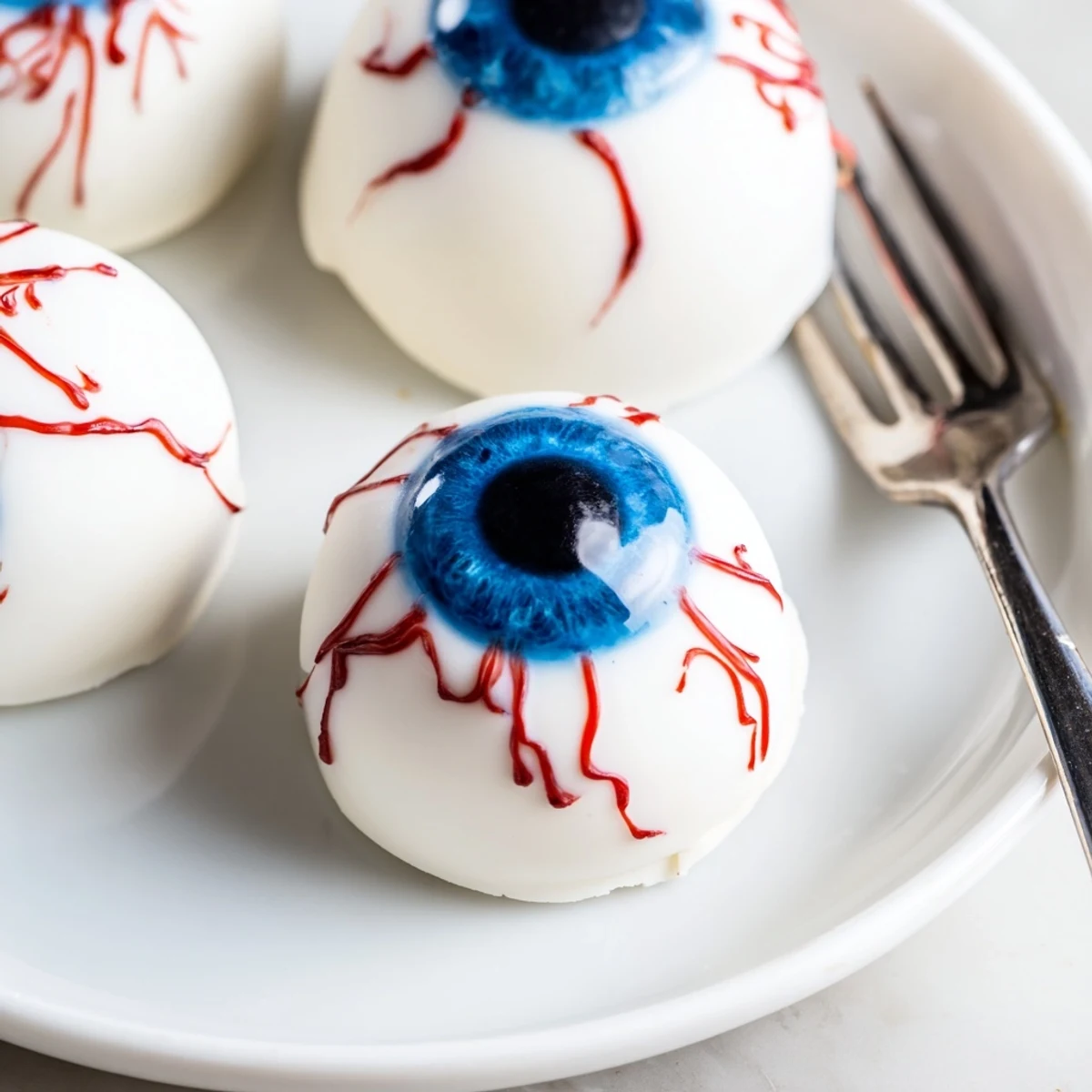 Bite-sized Halloween Cake Eyeballs drizzled with red veins on parchment paper