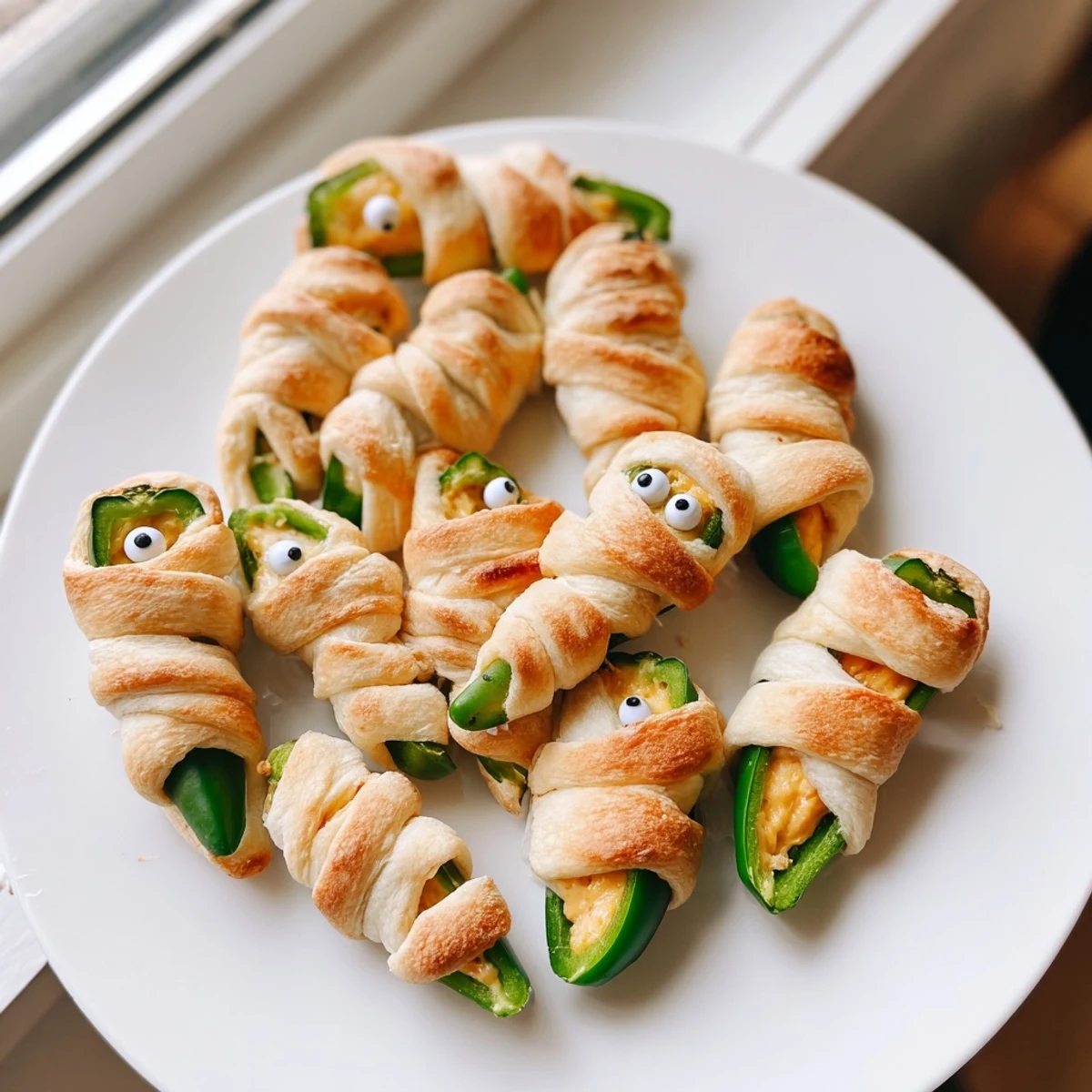 Crispy golden mummy jalapeño poppers with melted cheese oozing from crescent dough bandages on a rustic baking sheet